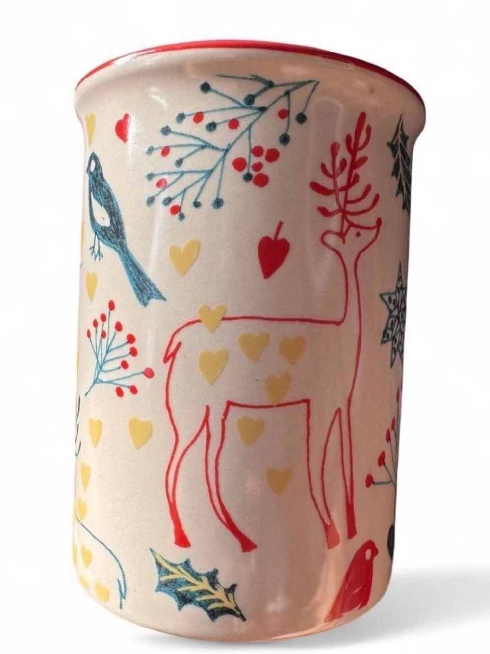 Cost Plus World Market holiday Christmas Cream Ceramic Mug reindeer’s, birds